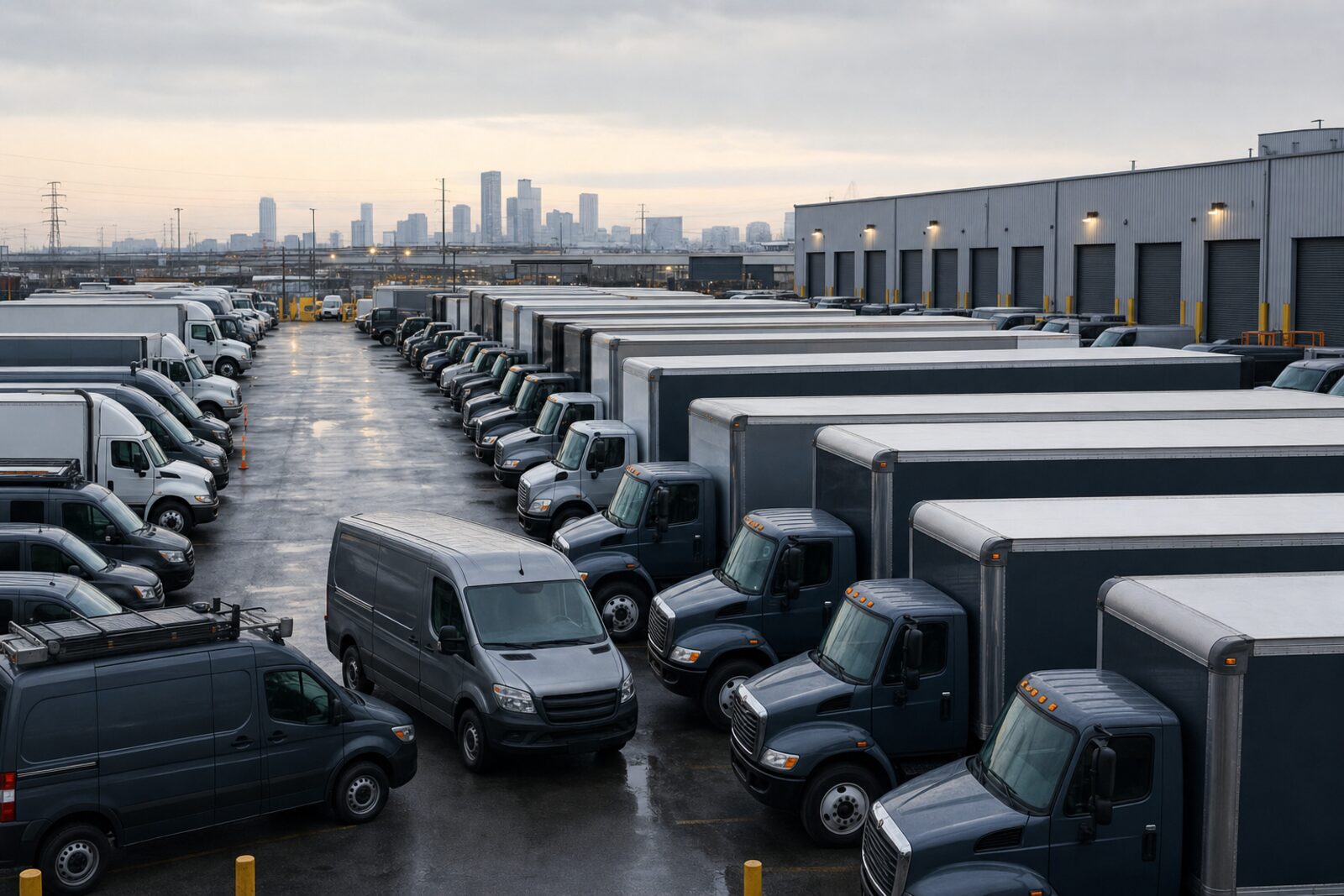 Rows of commercial trucks and work vans parked in a fleet depot at dawn