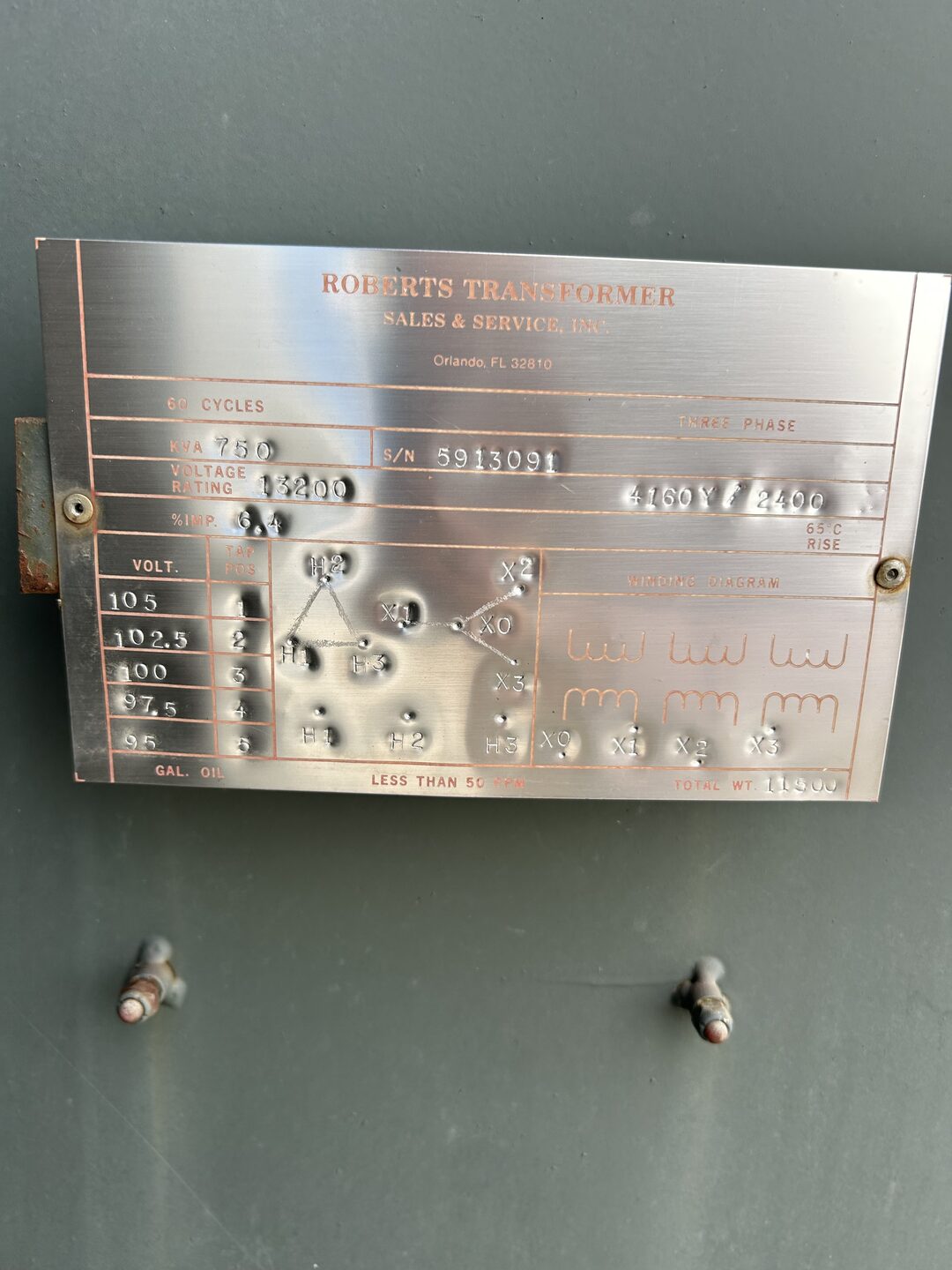 Close-up of a metal equipment nameplate on gray electrical gear