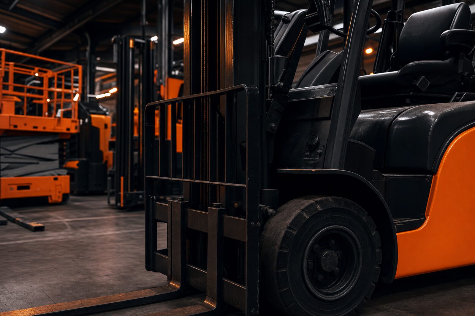 Orange and black forklifts and material handling equipment lined up inside an industrial warehouse